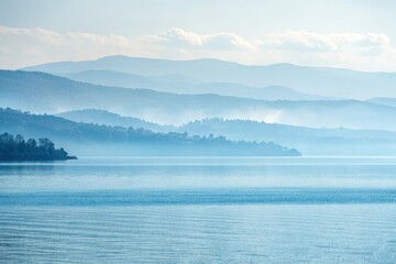 Softly glowing blue azure watercolor with delicate wispy brushstrokes on a light gray background, abstract art, watercolor painting, dreamy landscape, serene atmosphere, gray background