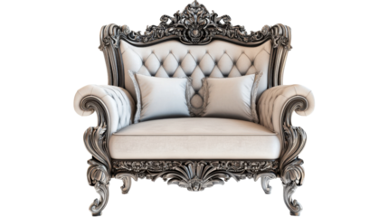 Luxurious vintage armchair with ornate detailing on transparent background