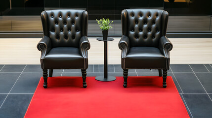 High-end VIP seating area featuring a vibrant red carpet, luxurious furnishings, and an elegant ambiance, perfect for exclusive events.
