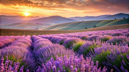 Obraz premium Softly lit field of lavender flowers with gentle hills in the background, lavender fields, hillside landscape, natural beauty