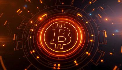 Bitcoin symbol, glowing orange circle, digital currency, futuristic, abstract background, technological network, crypto art, dynamic energy lines, dark space, neon lights, blockchain concept, golden h