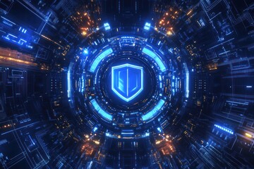 Obraz premium Futuristic digital shield design with glowing technology elements