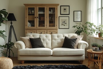 Cream and Oak Tall Bookcase with Two Doors in a Living Room Setting. Surrounding Elements Include White Sofa, Floor Lamp, Small Plant Pot, Black-Framed Pictures, Wicker Side Table, Coffee Cup, and Bla
