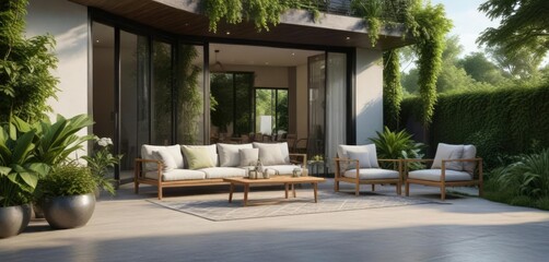 Fototapeta premium Spacious house terrace with modern garden furniture and lush greenery, natural beauty , lush greenery, outdoor living