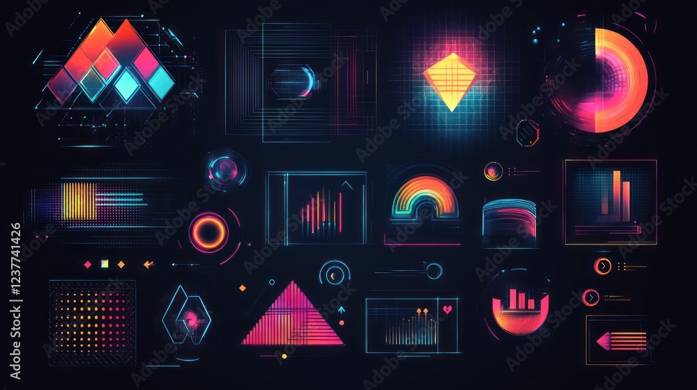 Poster Neon HUD interface elements, digital dashboard display, futuristic background, data visualization