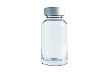 Luxury clear glass vaccine or medicine bottle with sleek and elegant design isolated on cut out PNG or transparent background. Shows bottle premium pharmaceutical concept. Medical Science Technology.