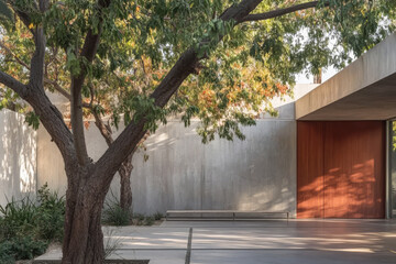 Modern architectural design with a tree in a serene outdoor space