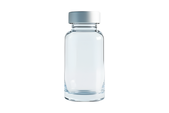 Luxury clear glass vaccine or medicine bottle with sleek and elegant design isolated on cut out PNG or transparent background. Shows bottle premium pharmaceutical concept. Medical Science Technology.