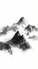 Black and white mountain landscape with misty peaks.