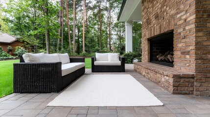 Outdoor patio furniture near brick fireplace