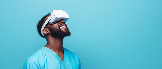 Happy guy doctor with virtual reality glasses, isolated on a blue backdrop