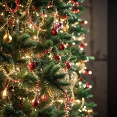 Sparkly Tinsel and Garlands on Christmas Tree , decorative lights, festive, garlands