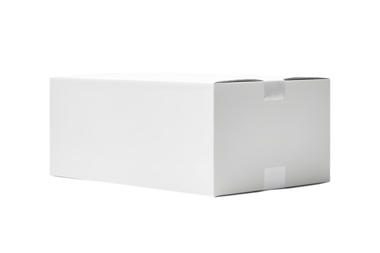 Cardboard white box or parcel box wrapped with thick tape isolated on cut out PNG or transparent background. Delivery packing items to be sent to their destinations. Shipping, and logistics services.	