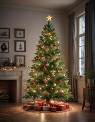 Spruce Christmas tree adorned with ornaments and lights, christmas tree decorations, evergreen tree, tinsel