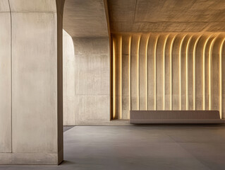 Modern architectural interior design featuring warm lighting in a minimalist space