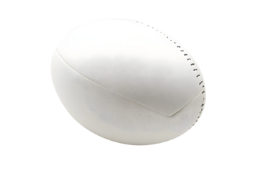 New rugby ball white isolated on cut out PNG or transparent background. Rugby football Play on large stadium lawn. Rugby union is popular sport all world. Sport that originated from school. 