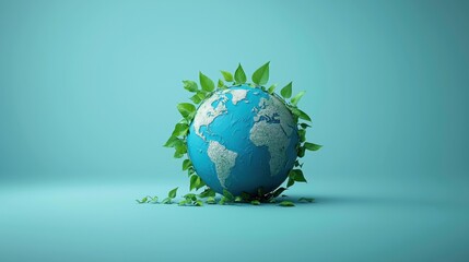 Sustainability Globe with Leaves Planet Earth with green leaves growing around it, blue and green color scheme, represents global environmental sustainability