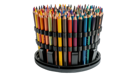 Colorful pencils standing in a rotating pencil holder on transparent background