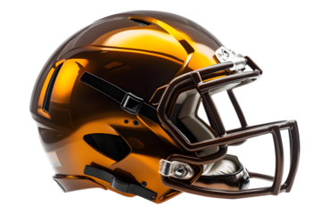 Gold American football helmet isolated on cut out PNG or transparent background.  Perfect for themes related to sport football. Helmet features glossy finish, bold team colors, and sturdy faceguard.