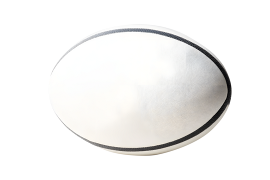 Rugby ball white with black stripes isolated on cut out PNG or transparent background. Rugby football Play on large stadium lawn. Sport that originated from school. Rugby union is popular sport.