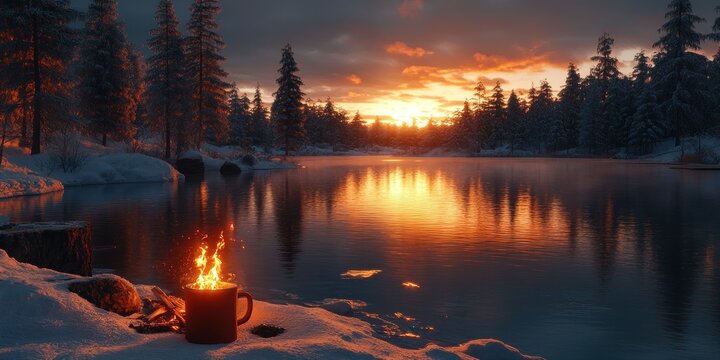 Winter Sunset at Lakeside Campfire: A Serene Scene