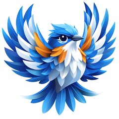 Blue bird, wings spread, flying, white background, logo design