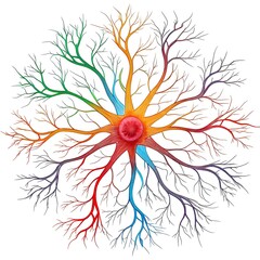 A vivid depiction of branching pathways carrying vibrant liquids through a pulsating core