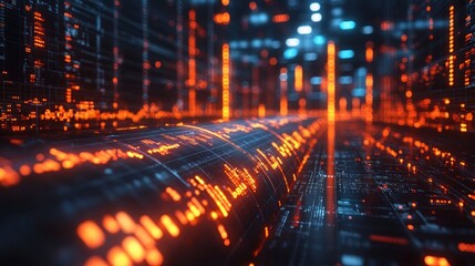 Data stream flowing through digital tunnel, glowing lines, tech background, futuristic concept
