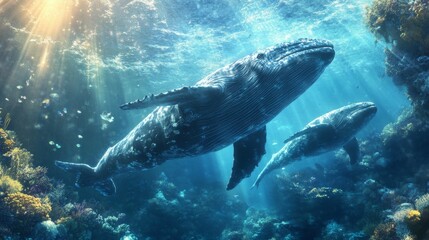 Fototapeta premium Humpback whales swim through a coral reef with sun shining through the water.