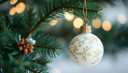 Christmas ornament, white and gold bauble, pine branches, bokeh lights, festive decoration, soft focus, holiday atmosphere, close-up, delicate details, warm glow, seasonal, elegant, macro photography
