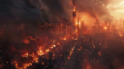Obraz premium burning city illustration a city engulfed in flames. AI generated illustration