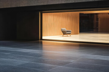 Fototapeta premium Modern architecture highlights a solitary chair in a well-lit room at dusk
