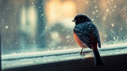 A small bird perches on a snowy windowsill during a winter snowfall