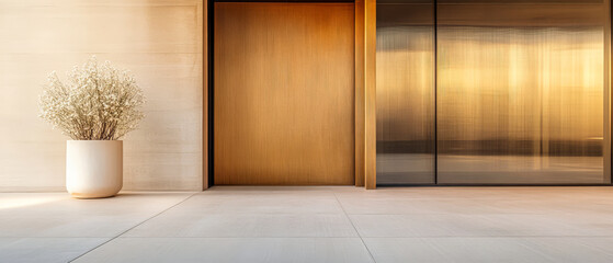 Fototapeta premium Modern entrance with elegant design and a touch of nature during golden hour