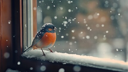 Small bird perched on snowy windowsill during snowfall