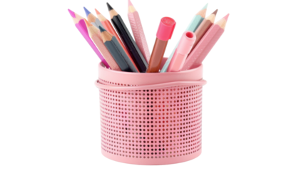 Pink pencil holder full of colorful pencils and markers on transparent background