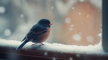 Small plump bird perched on snowy windowsill during snowfall