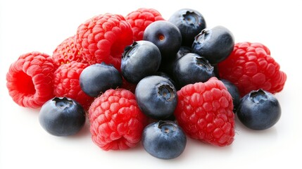 Fresh raspberries and blueberries on white background, studio shot, healthy food, recipe ingredient