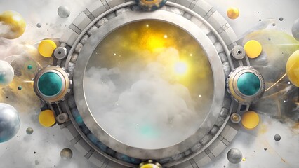 Abstract cosmic portal with vibrant planets and glowing clouds, exploration