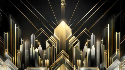 Gatsby Art deco 20s style animated pattern. Gold modern early 20th century ornament builds up and appears on black background. Geometric elegant abstract with glamorous shiny lines with flare.