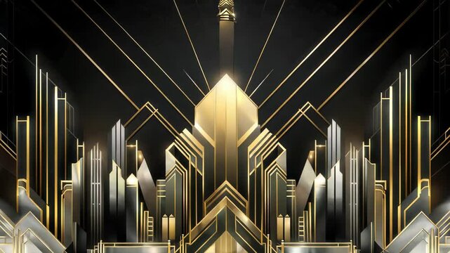 Gatsby Art deco 20s style animated pattern. Gold modern early 20th century ornament builds up and appears on black background. Geometric elegant abstract with glamorous shiny lines with flare.