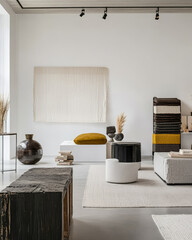 A bright living room features minimalist furniture with a neutral color palette