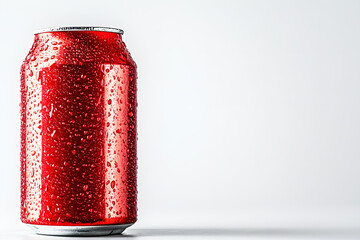 Aluminum red soda can with drops of water around it on white background. Realistic bottle drink template pattern. Copy space for text. Composition suitable for advertising and brand purposes.