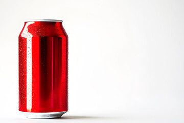 Aluminum red soda can with drops of water around it on white background. Copy space for text. Realistic bottle drink template pattern. Composition suitable for advertising and brand purposes.