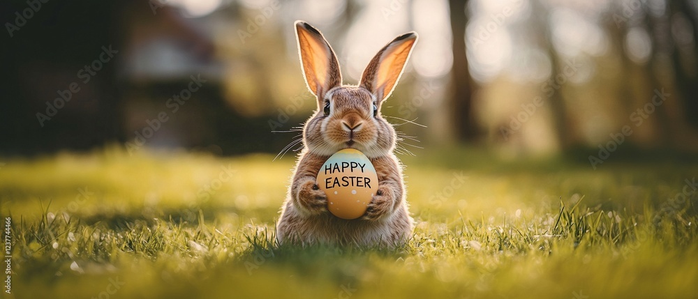 Fototapete easter rabbit on a green backdrop with a painted egg and a merry easter greeting