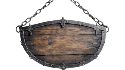Old wooden sign hanging from metal chain on transparent background