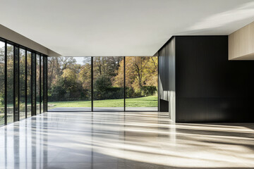 Modern interior design showcases spacious room with large windows overlooking a scenic landscape