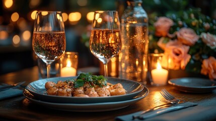 Romantic dinner, candlelight, restaurant, pasta dish