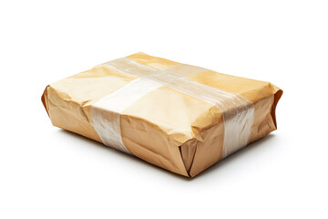 Cardboard brown parcel box or paper wrapped with thick tape on white background with light and shadow. Concept shipping, and logistics services. Delivery packing items to be sent to their destinations