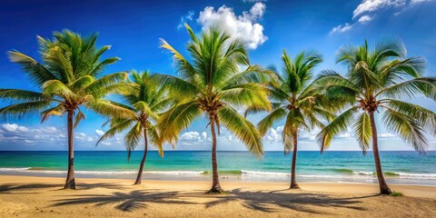 Palm trees sway gently in the ocean breeze on a sunny beach day, palm trees, coastal, ocean